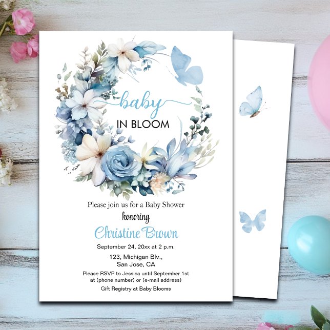 Bebé en Bloom Blue Garland Invitación a Baby Showe (Subido por el creador)