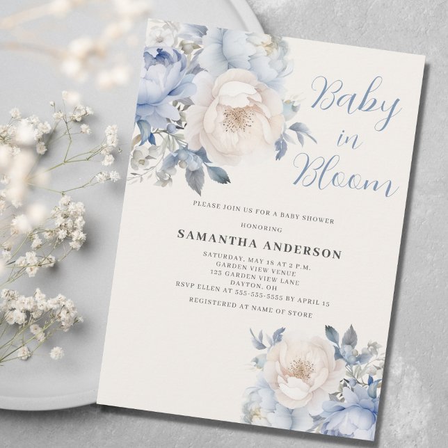 Bebé En Bloom Boy Blue Floral Shower Invitación (Subido por el creador)