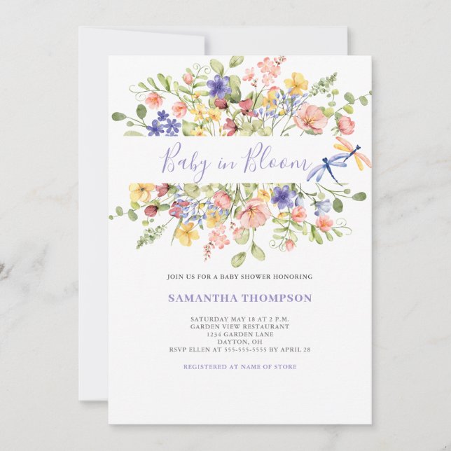 Bebé En Bloom Invitación A La Ducha Floral Rosa (Anverso)