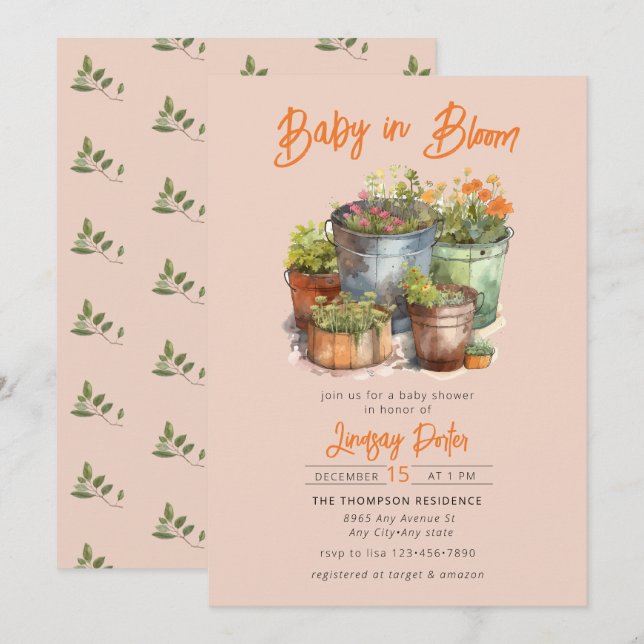 Bebé en flor | Invitación a Baby Shower acuarela (Anverso / Reverso)