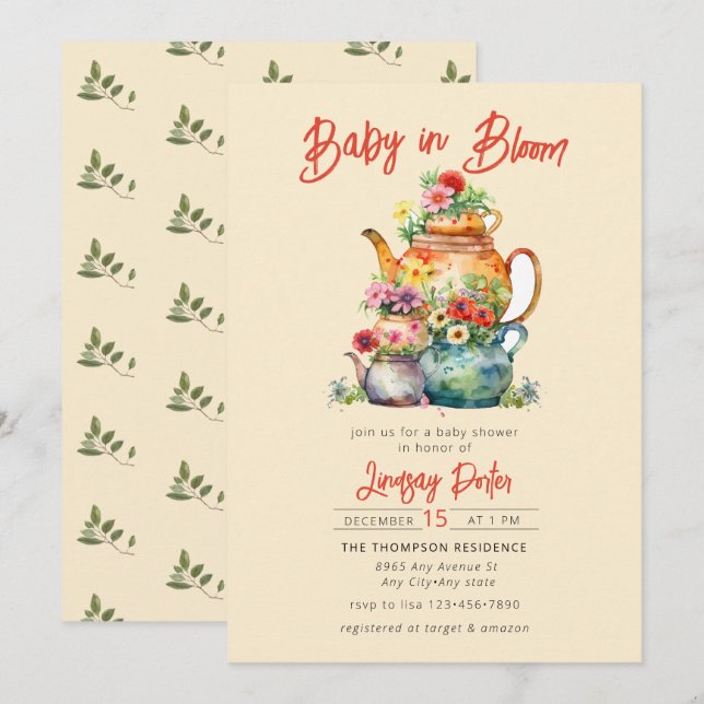 Bebé en flor | Invitación a Baby Shower acuarela (Anverso / Reverso)