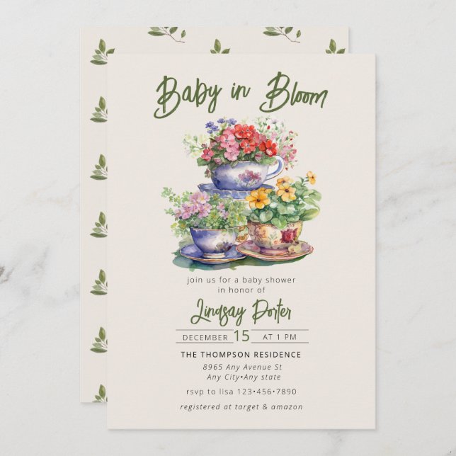 Bebé en flor | Invitación a Baby Shower acuarela (Anverso / Reverso)
