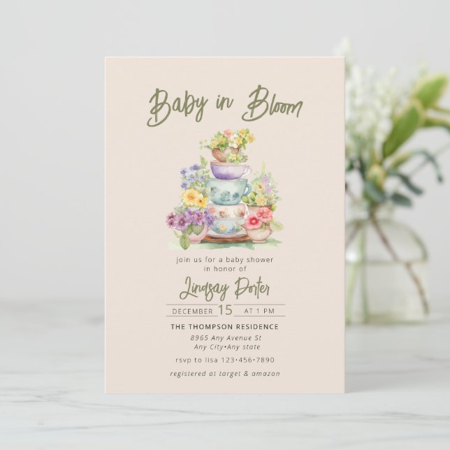 Bebé en flor | Invitación a Baby Shower acuarela (Anverso de pie)