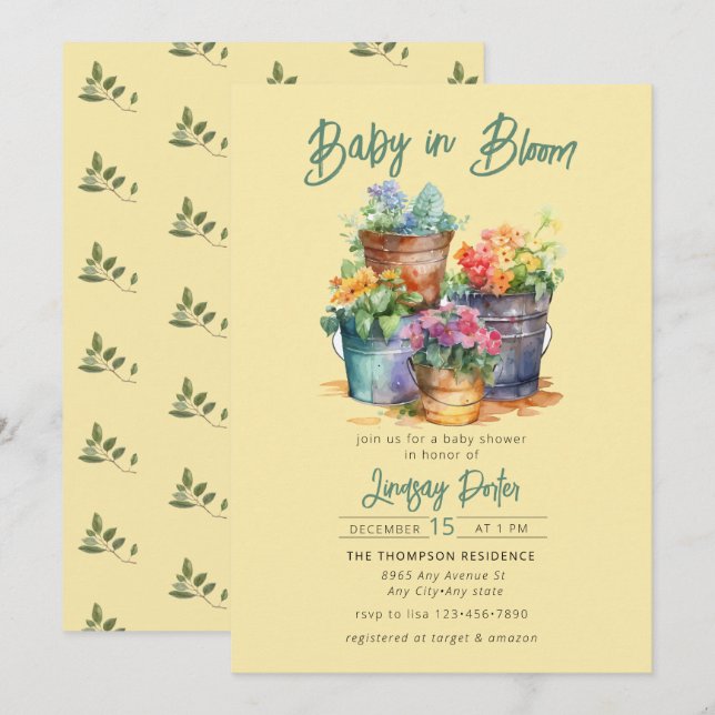 Bebé en flor | Invitación a Baby Shower acuarela (Anverso / Reverso)