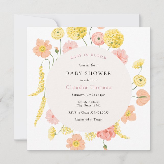 Bebé en la invitación a Baby Shower floral en flor (Anverso)
