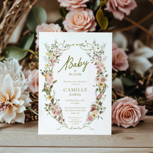 Bebé en la invitación a Baby Shower floral en flor (Greenery and Floral Baby Shower Invitation)