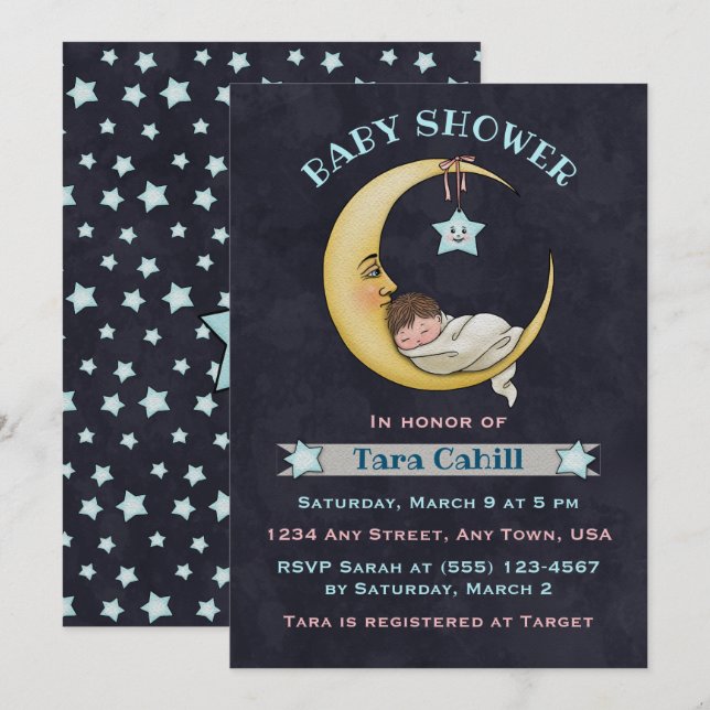 Bebé en la invitación de Baby Shower a la luna (Anverso / Reverso)