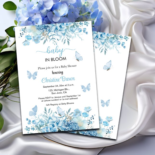 Bebé en la invitación de Baby Shower floral azul e (Subido por el creador)