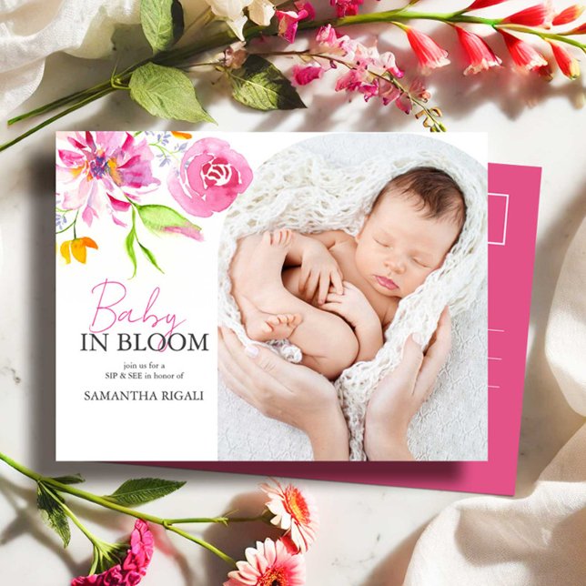 Bebé en un sorbo de sangre y ver la invitación (Sip and see baby shower invitations postcard watercolor floral art by Victoria Grigaliunas photo)