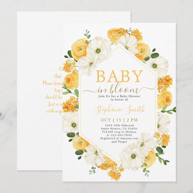 Bebé floral amarillo en la invitación de Baby Show (Anverso / Reverso)