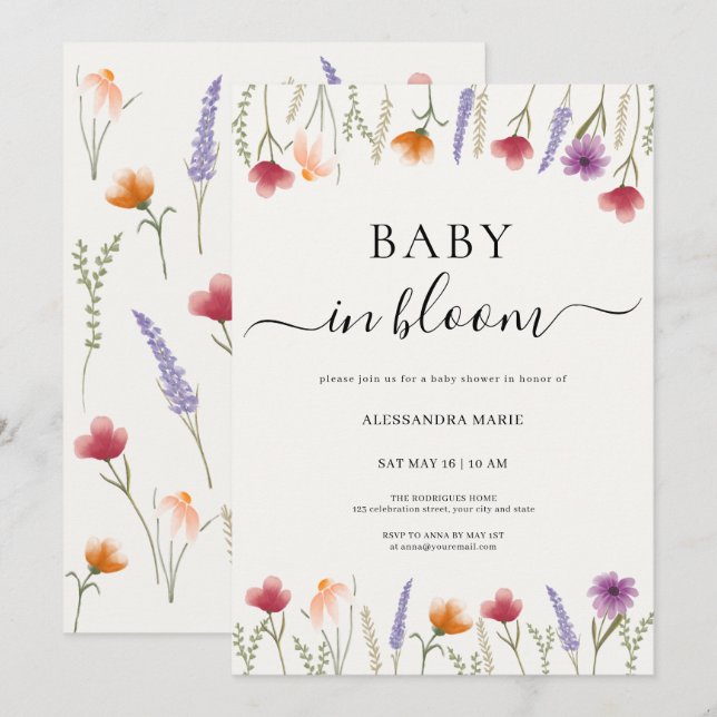 Bebé floral en una invitación de Baby Shower en fl (Anverso / Reverso)