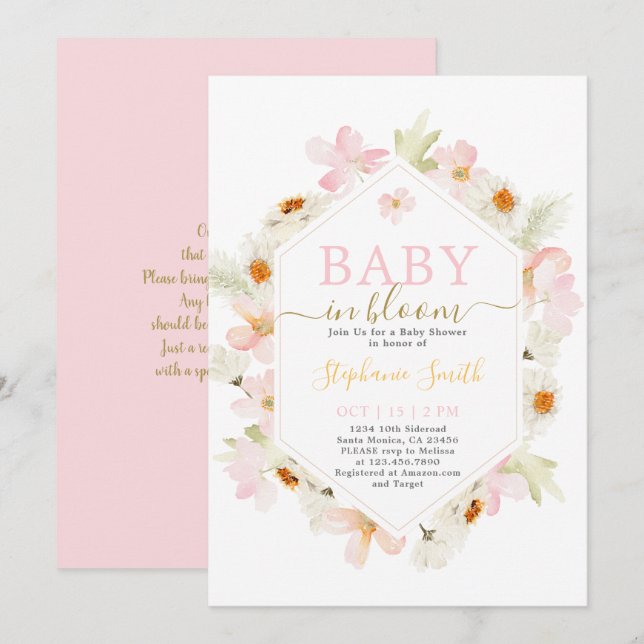 Bebé floral rosado en la invitación de Baby Shower (Anverso / Reverso)