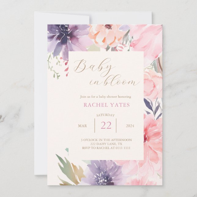 Bebé floral rosado en la invitación de Baby Shower (Anverso)
