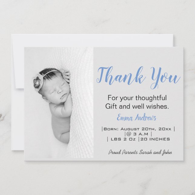 Bebé Foto: Gracias Anuncio de Nacimiento Azul (Anverso)