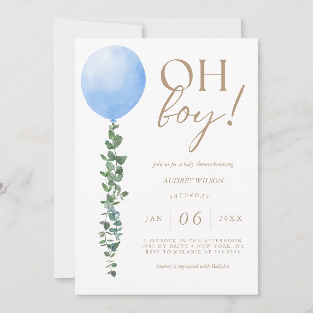 Bebé globo azul Invitación a ducha Oh niño (Anverso)