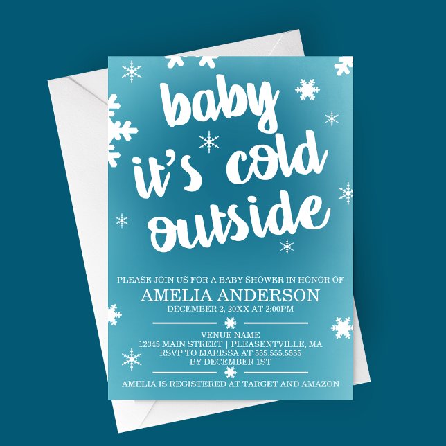 Bebé, hace frío fuera de la invitación de Baby Sho (Baby It's Cold Outside Winter Baby Shower Invitation with Blue Ombre Background and Snowflakes)