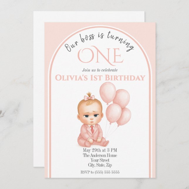 Bebé Jefe Invitación al cumpleaños - Pastel rosa (Anverso / Reverso)