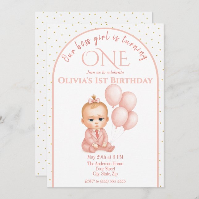Bebé Jefe Invitación al cumpleaños - Pastel rosa (Anverso / Reverso)