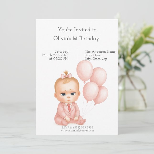 Bebé Jefe Invitación al cumpleaños - Pastel rosa (Anverso de pie)