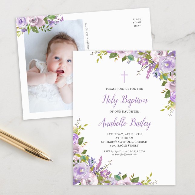 Bebé Lilac Floral Baptism Invitación postal (Subido por el creador)