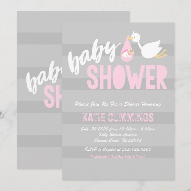 Bebé lindo con una invitación de cigüeña a Baby Sh (Anverso / Reverso)