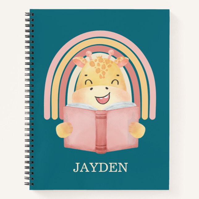 Bebé lindo Giraffe leyendo libro nombre niños arco (Anverso)