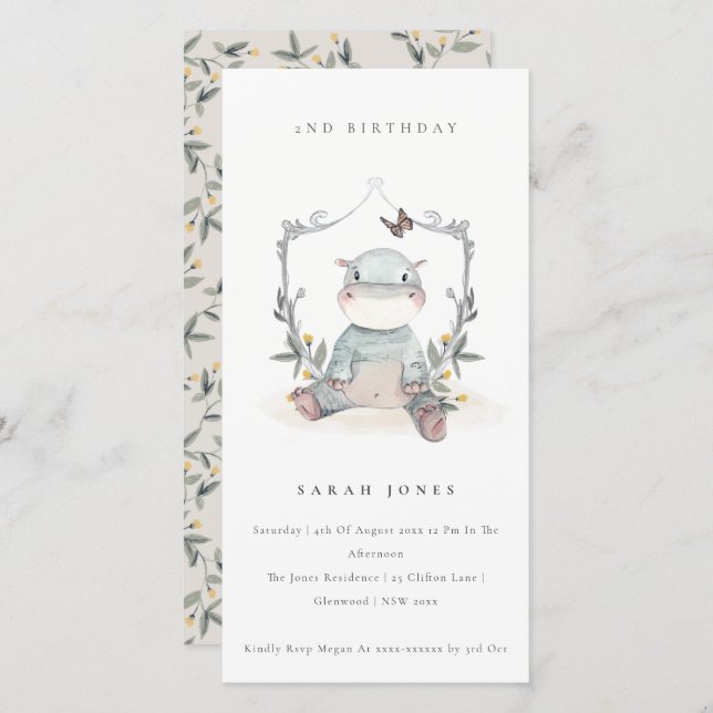 Bebé lindo Hippo Foliage Cualquier edad Invitación (Anverso / Reverso)