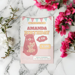 Bebé lindo oso primer cumpleaños invitación