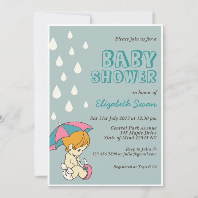 Bebé lindo y paraguas Baby Shower Invitación azul (Anverso)