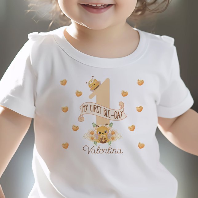 Bebé "mi primer día de abeja" camiseta linda para el pr ("My first bee-day" shirt cute bee themed 1st birthday shirt for 1 year old girl custom name)