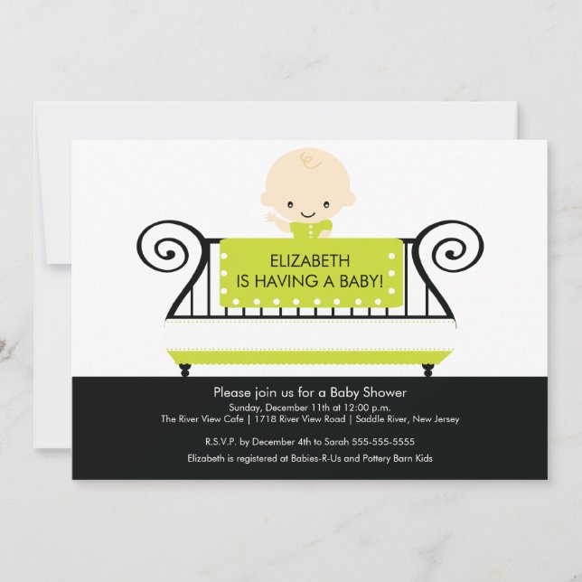 BEBÉ Moda en criba Baby Shower Invitación verde (Anverso)