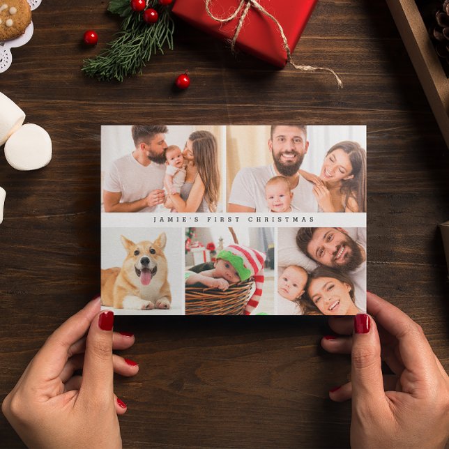 Bebé moderno Primer Personalizado de Navidad Colec (Custom Photo Grid baby's first Christmas card.)