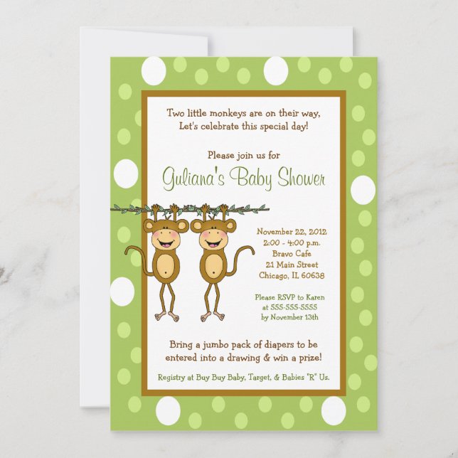 Bebé Mono TWINS 5x7 Invitaciones a ducha para bebé (Anverso)