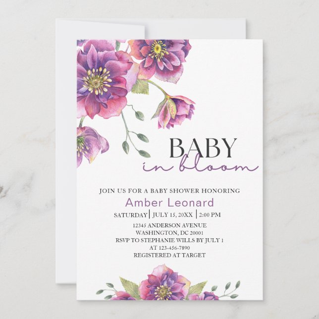 Bebé morado con flores en la invitación de Baby Sh (Anverso)