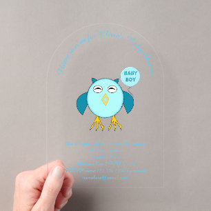 Bebe Niño Búho Azul Adorable Invitación de Baño de