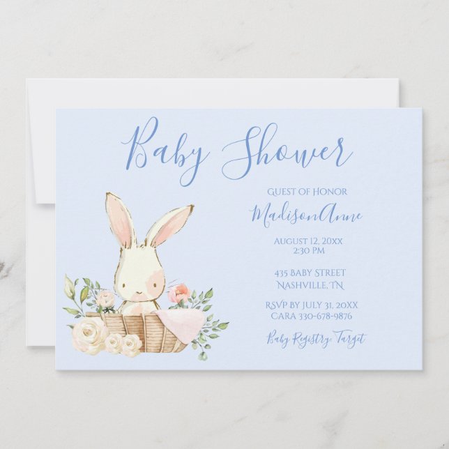 Bebé Niño Guión azul lindo conejito Invitación par (Anverso)