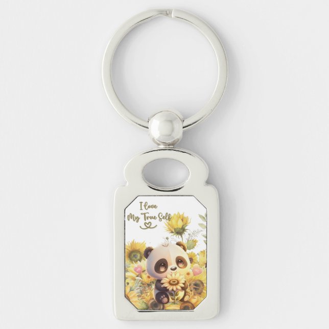 Bebé Panda con llavero de metal de girasol (Anverso)