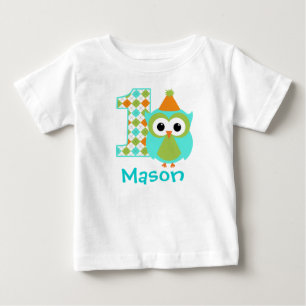 Bebé Personalizable Owl Boy Primera camiseta de cumplea
