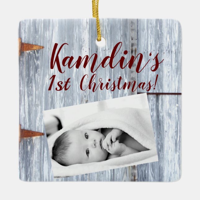 Bebé personalizado XMAS Ornamento White Wash Wood  (Anverso)