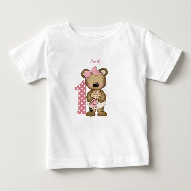 Bebé Primer Chica de cumpleaños Teddy Bear con camiseta (Anverso)