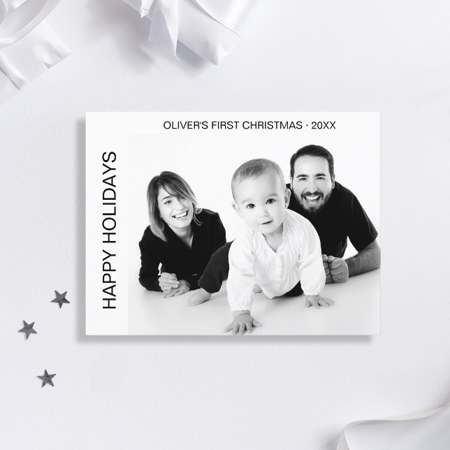 Bebé primera Navidad foto en blanco y negro (Baby's First Christmas Black and White Photo Holiday Postcard by MINTIC DESIGN STUDIO)