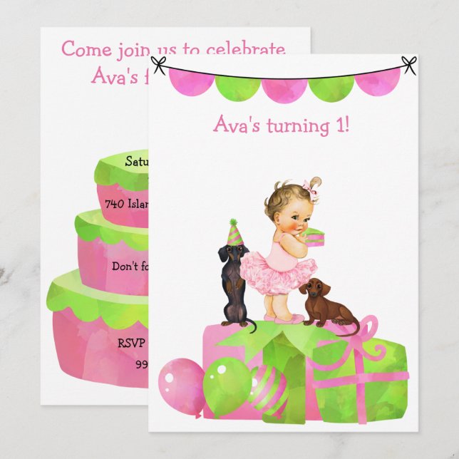 Bebé rosa Ballerina Dachshund Fiesta Invitación (Anverso / Reverso)