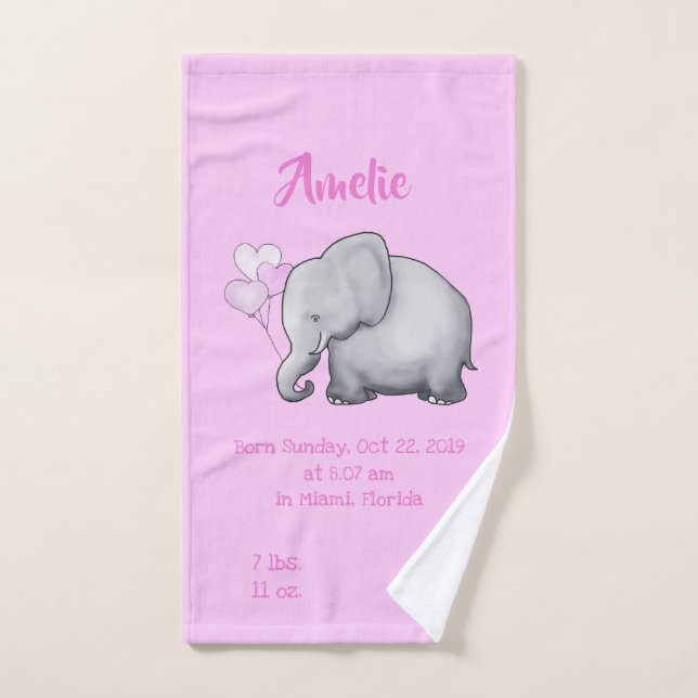 Bebé Rosa Cute Niña Nacimiento Estadísticas Elefan (Toalla de mano)