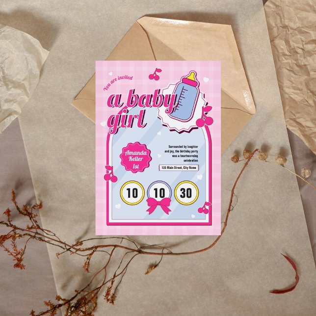 Bebé Rosa Invitación al primer cumpleaños (Subido por el creador)