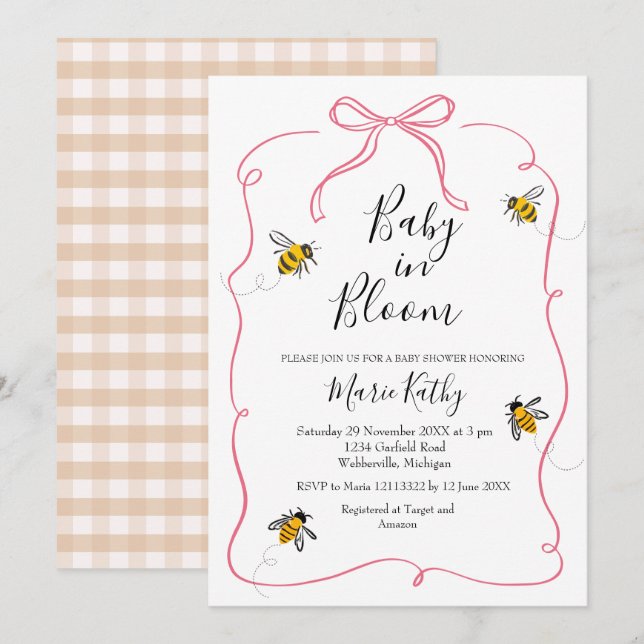Bebé rosado en la invitación a la fiesta de abejas (Anverso / Reverso)