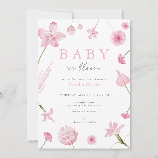 Bebé rosado en la invitación de Baby Shower en flo (Anverso)
