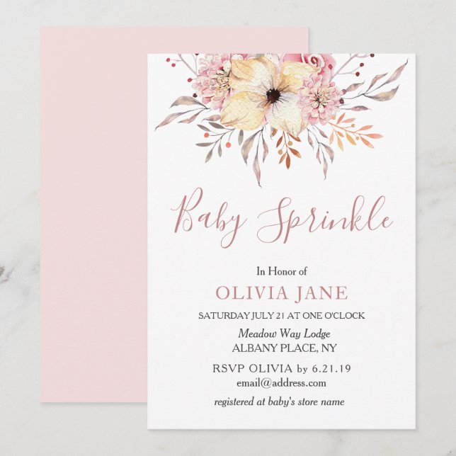 Bebé Sprinkle Floral Baby Shower Invitación rosa (Anverso / Reverso)