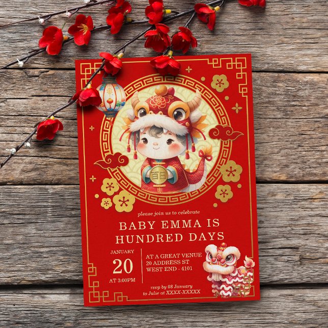 Bebé tradicional chino 100 días 百 invitación 日 (radition meets joy! Our vibrant Chinese Traditional Baby 100 Days Invitation sets the perfect tone.)
