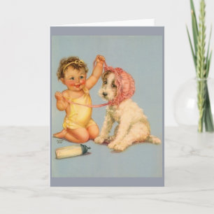 Bebé y perro de la cosecha con tarjeta de Bonnet