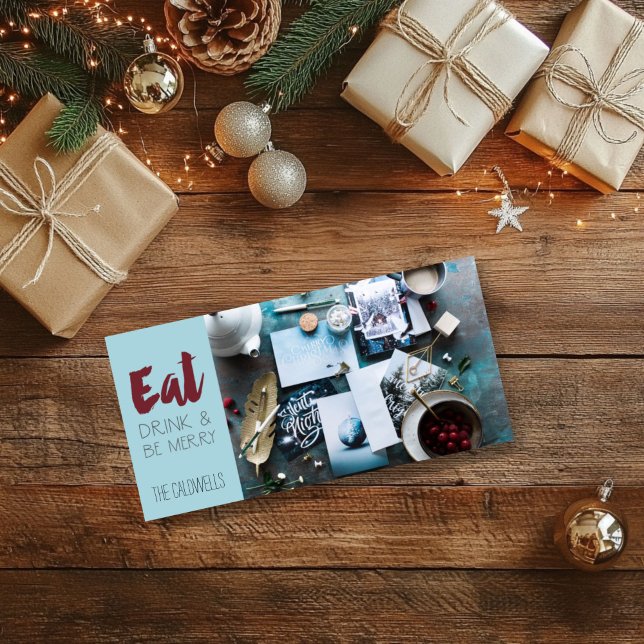 Bebe y sé feliz foto de Navidad (Eat, drink and be merry Christmas card)